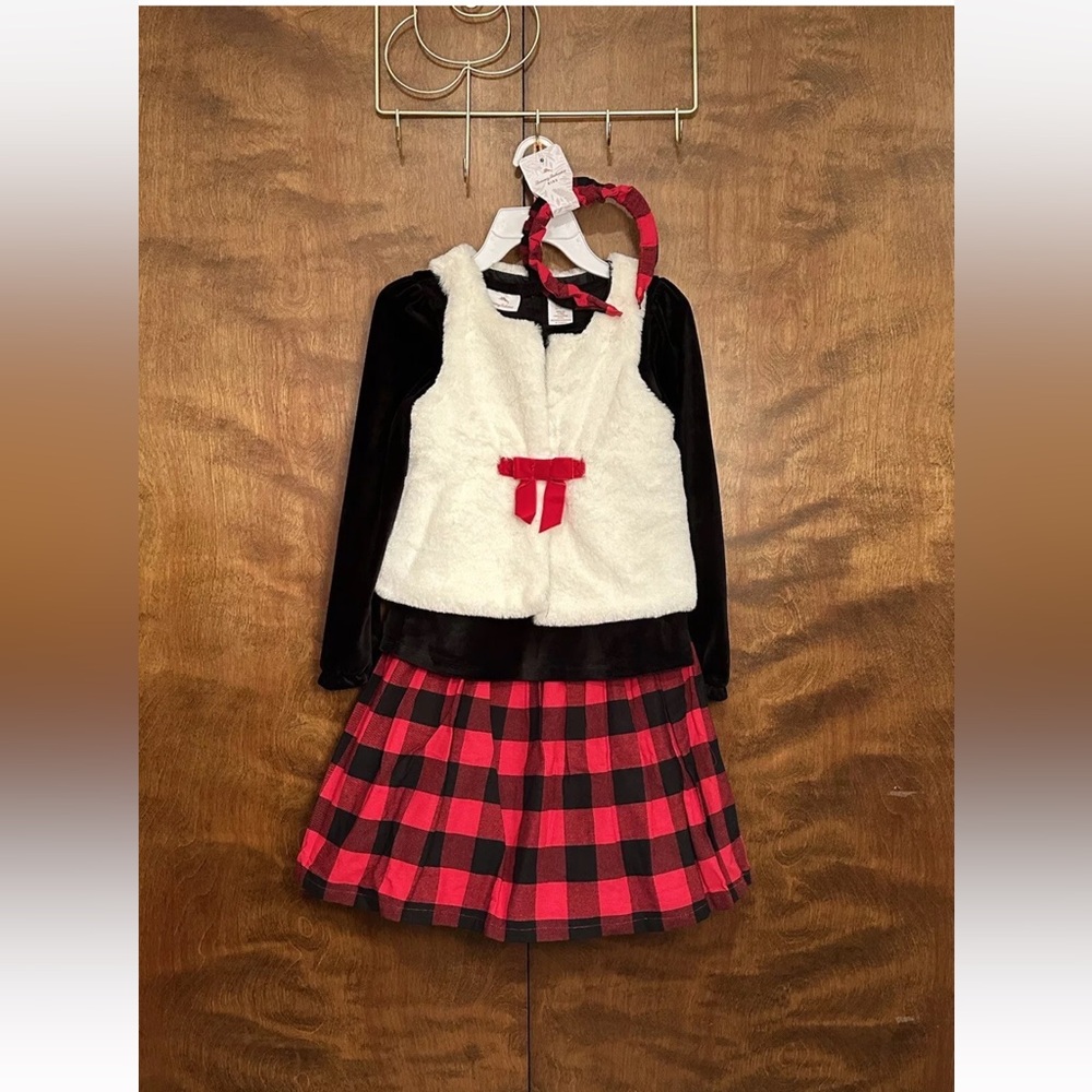Tommy Bahama Buffalo Plaid Fall Skirt & Vest Set w/ Headband Girls 8 Red & Black